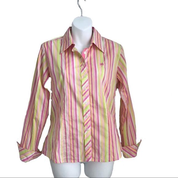 Lilly Pulitzer Striped Button Down Cuffed Shirt Size 6 Hot Pink Green Vintage - Picture 12 of 17